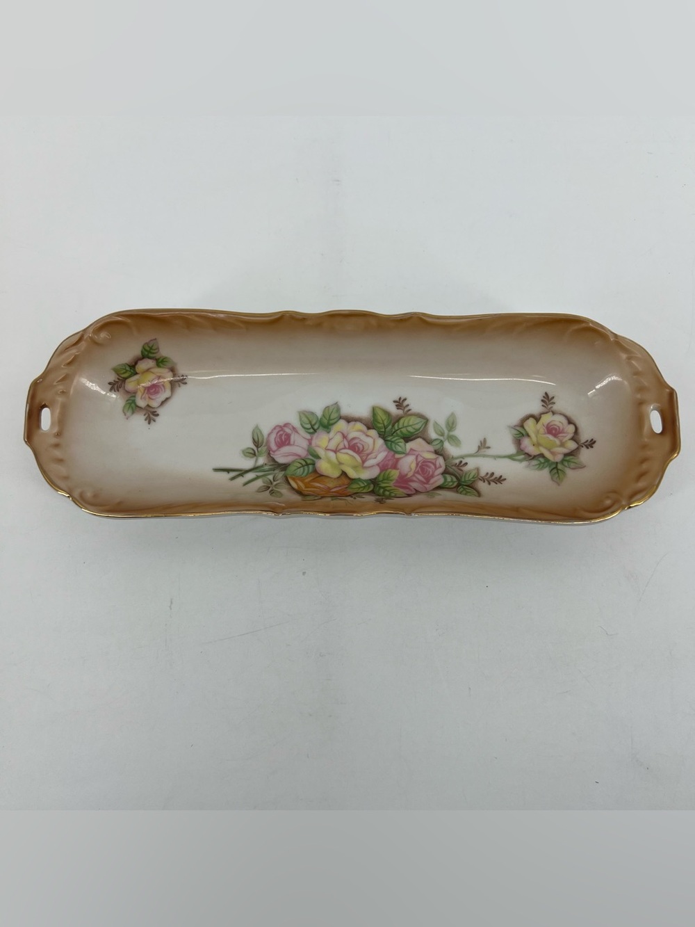 Ucagco Ceramics Japan Floral Trinket Tray 10” X 3” Skinny Slim Jewelry Dish